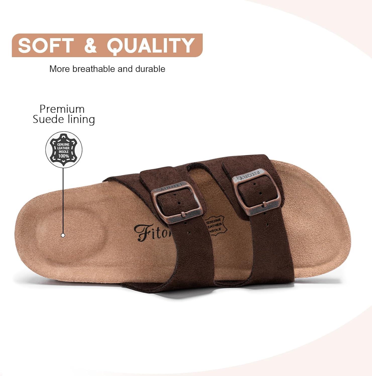 imageFITORY Womens Flat Sandals with Cork Footbed Open Toe Slides Adjustable Slip On Slippers for Summer Size 611Brown Suede