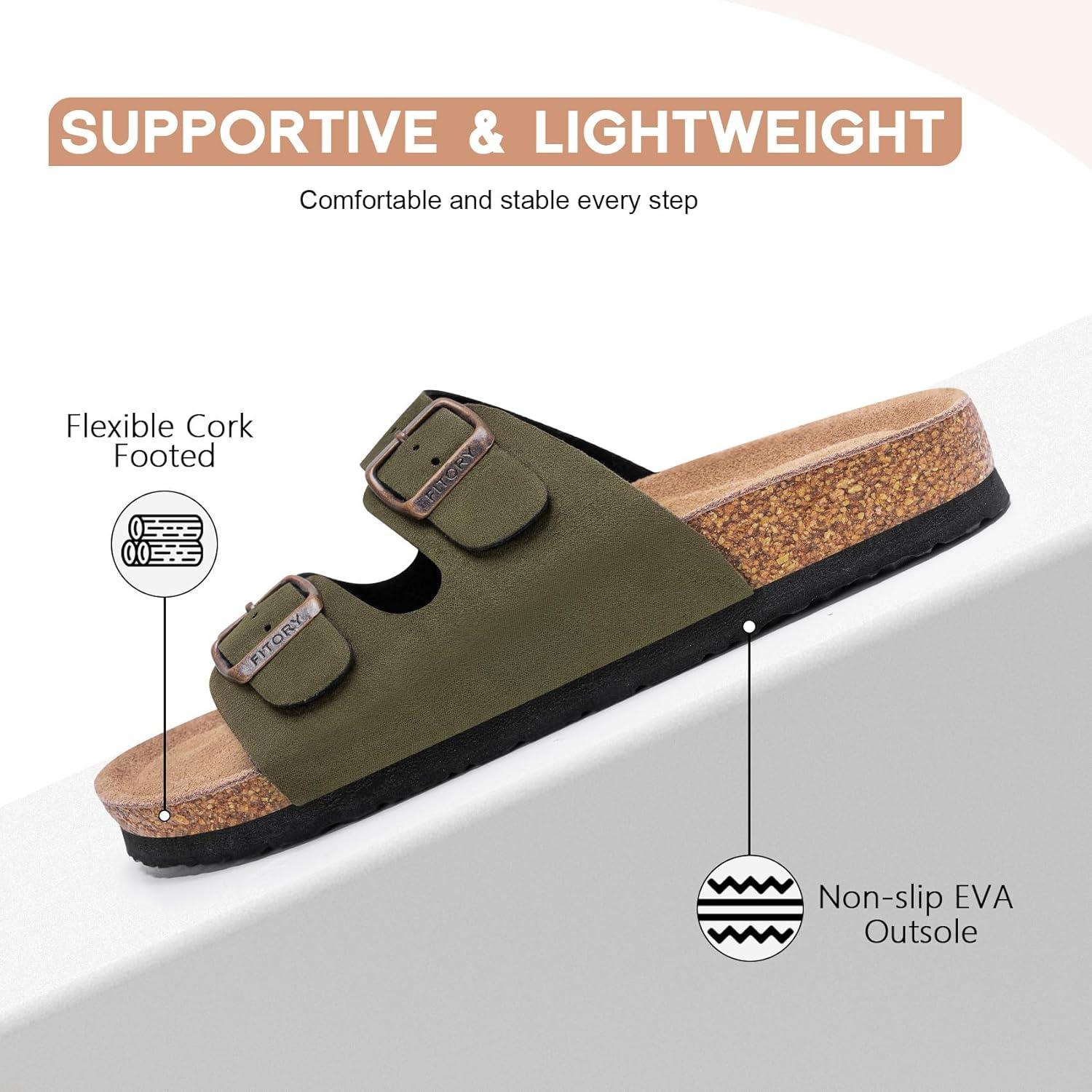 imageFITORY Womens Flat Sandals with Cork Footbed Open Toe Slides Adjustable Slip On Slippers for Summer Size 611Green Suede