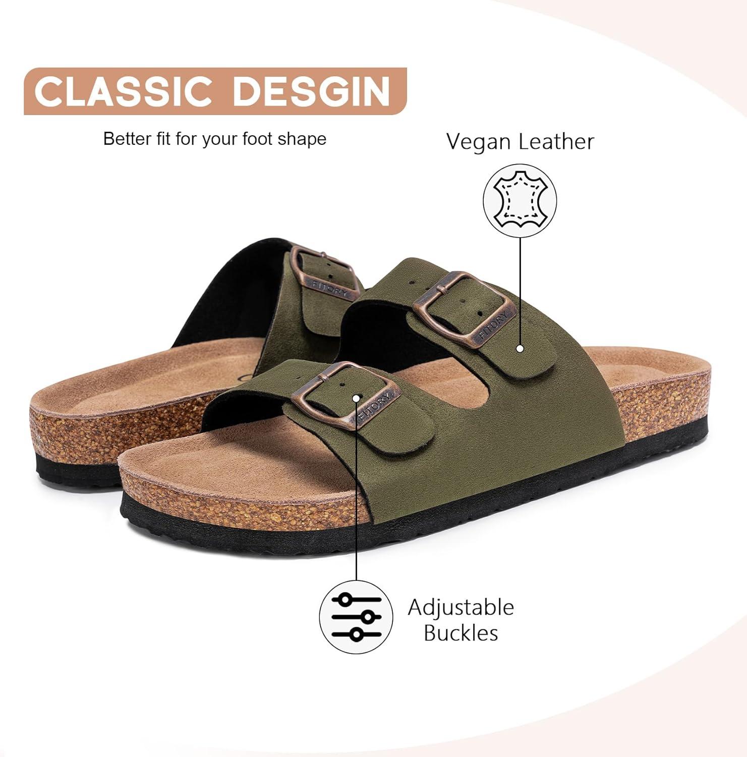 imageFITORY Womens Flat Sandals with Cork Footbed Open Toe Slides Adjustable Slip On Slippers for Summer Size 611Green Suede