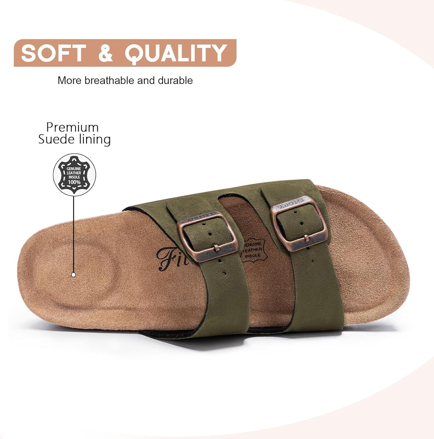 imageFITORY Womens Flat Sandals with Cork Footbed Open Toe Slides Adjustable Slip On Slippers for Summer Size 611Green Suede