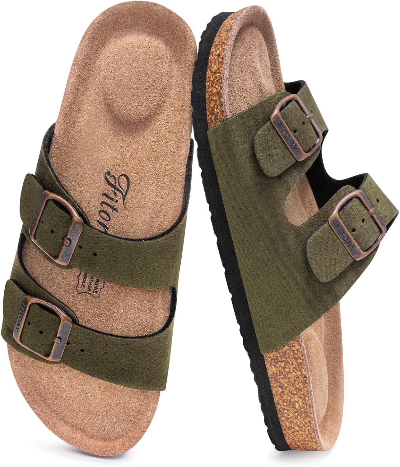 imageFITORY Womens Flat Sandals with Cork Footbed Open Toe Slides Adjustable Slip On Slippers for Summer Size 611Green Suede