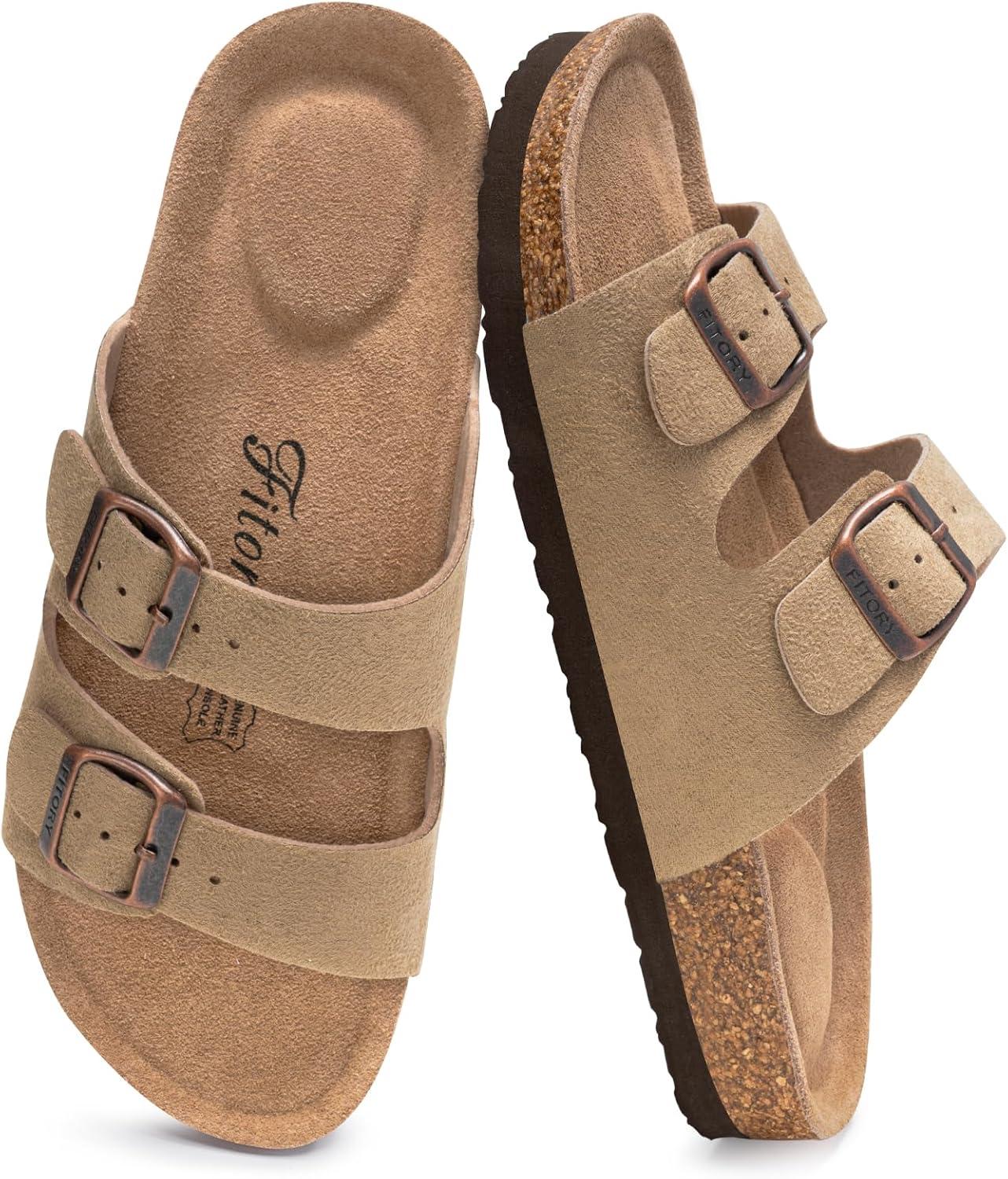 imageFITORY Womens Flat Sandals with Cork Footbed Open Toe Slides Adjustable Slip On Slippers for Summer Size 611Taupe Suede