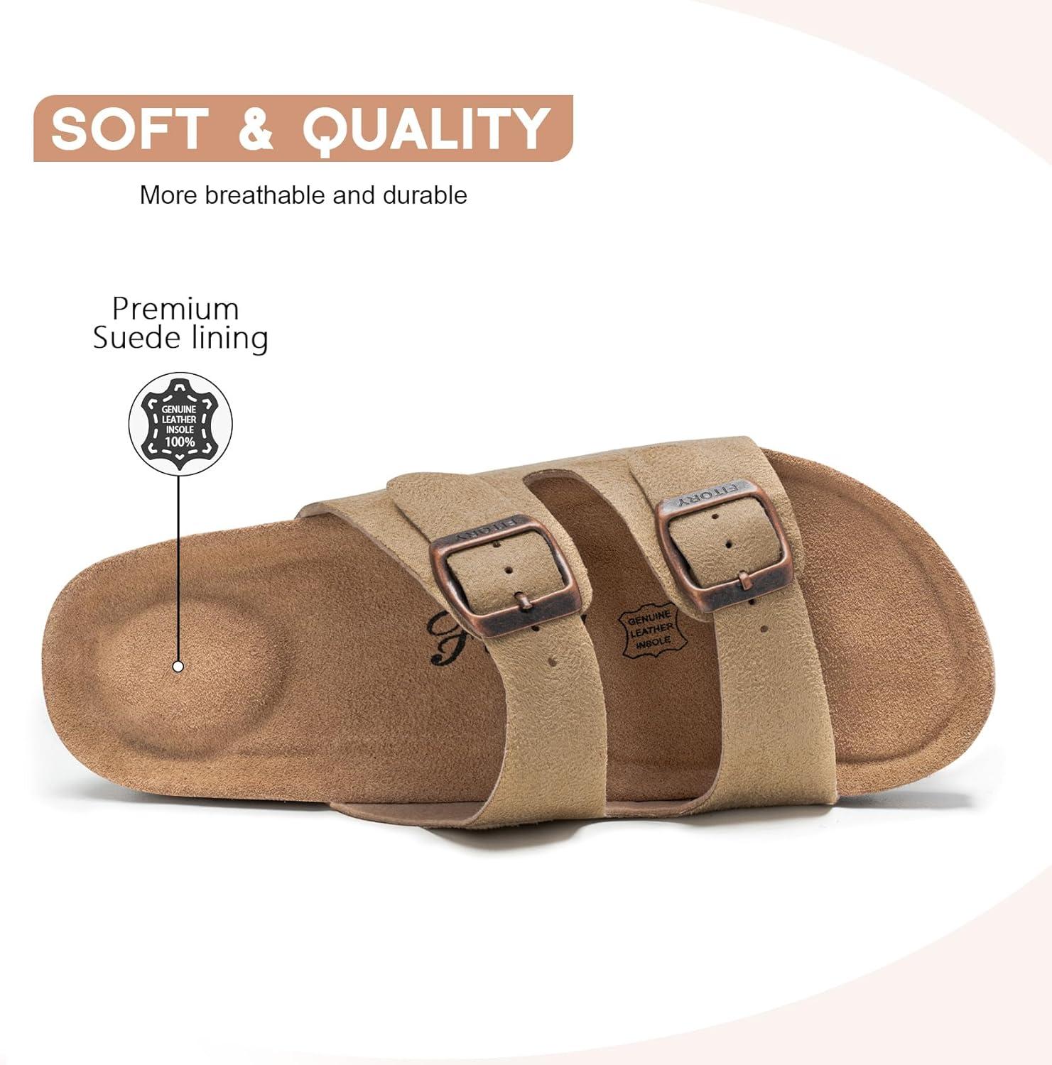 imageFITORY Womens Flat Sandals with Cork Footbed Open Toe Slides Adjustable Slip On Slippers for Summer Size 611Taupe Suede