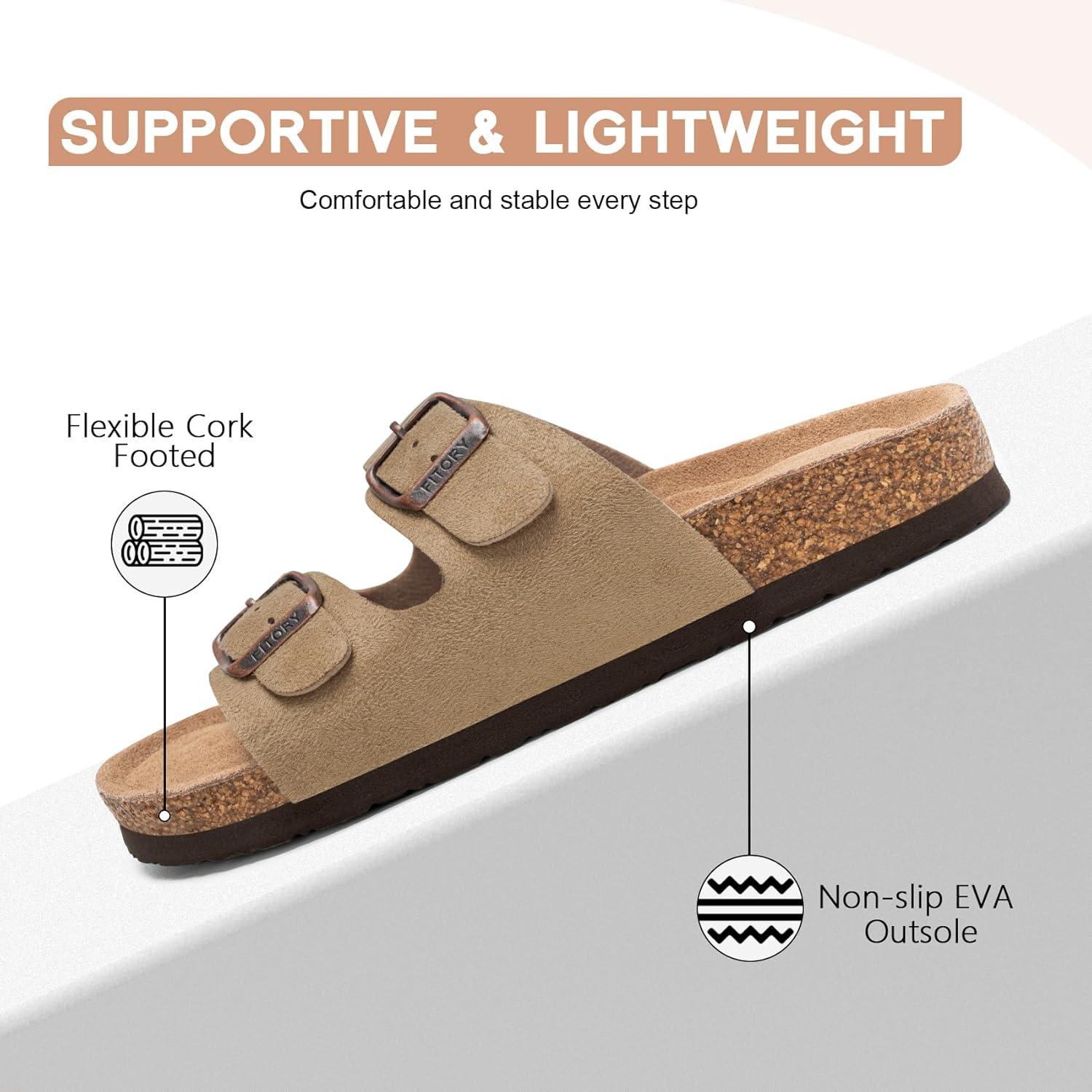 imageFITORY Womens Flat Sandals with Cork Footbed Open Toe Slides Adjustable Slip On Slippers for Summer Size 611Taupe Suede