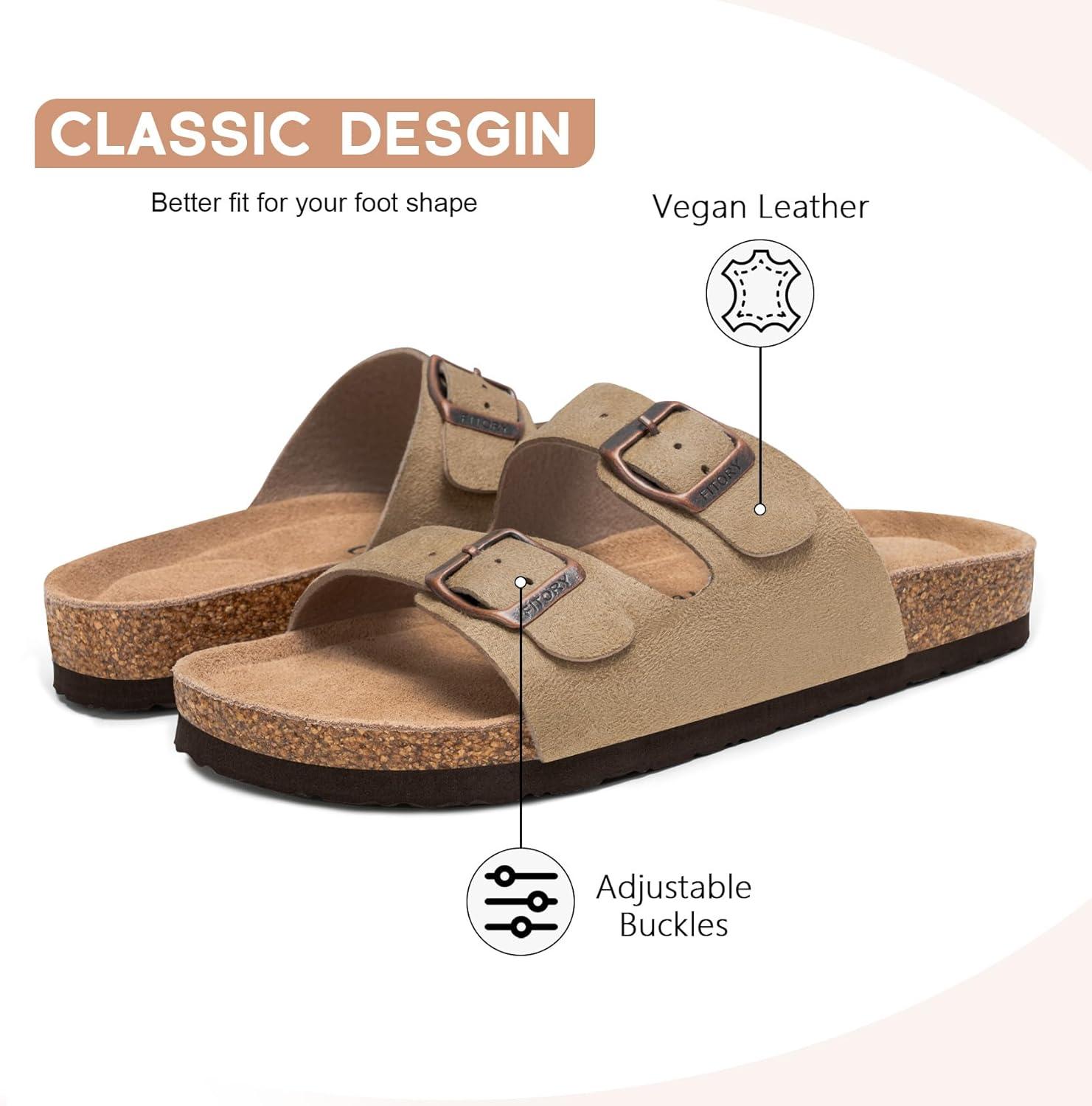 imageFITORY Womens Flat Sandals with Cork Footbed Open Toe Slides Adjustable Slip On Slippers for Summer Size 611Taupe Suede