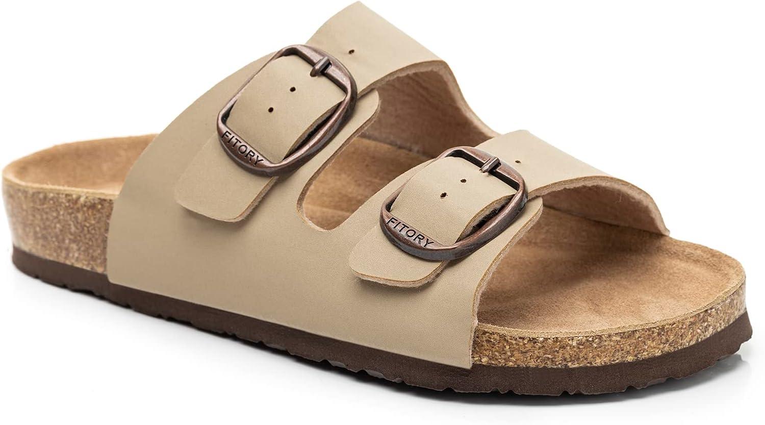 imageFITORY Womens Flat Sandals with Cork Footbed Open Toe Slides Adjustable Slip On Slippers for Summer Stone Size 8