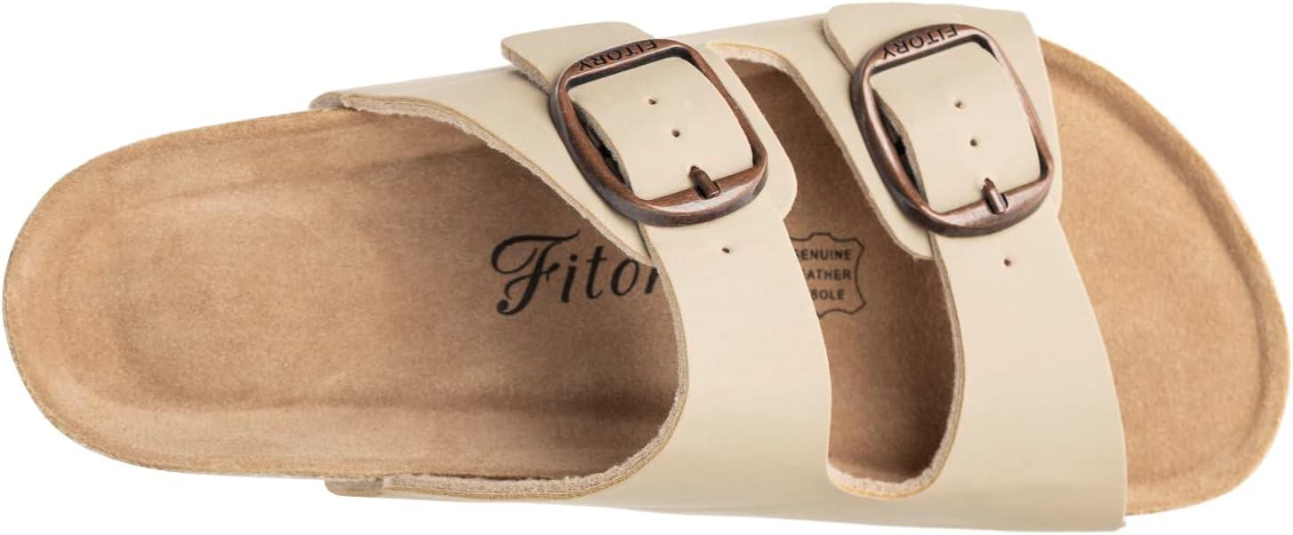 imageFITORY Womens Flat Sandals with Cork Footbed Open Toe Slides Adjustable Slip On Slippers for Summer Stone Size 8