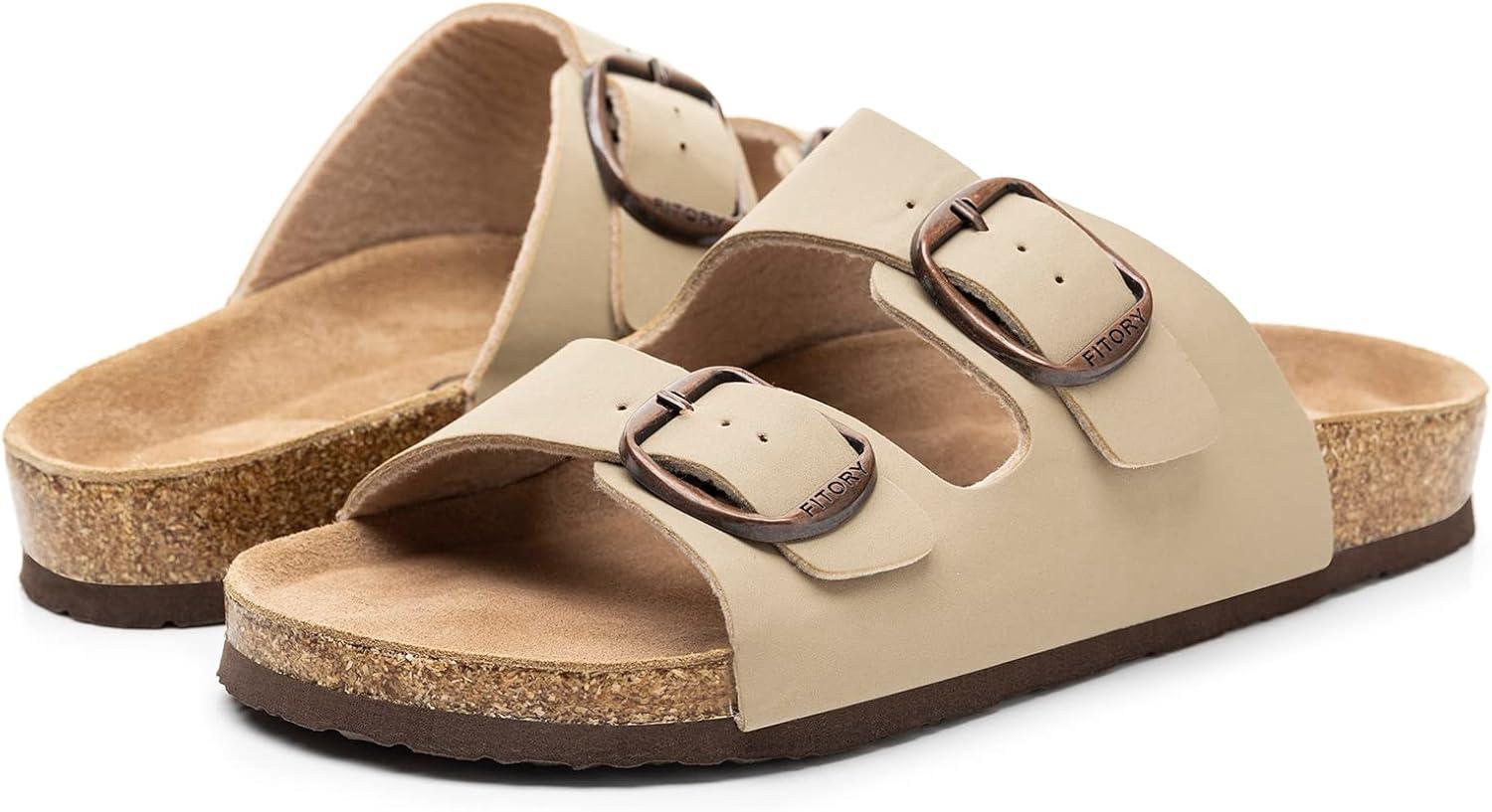 imageFITORY Womens Flat Sandals with Cork Footbed Open Toe Slides Adjustable Slip On Slippers for Summer Stone Size 8