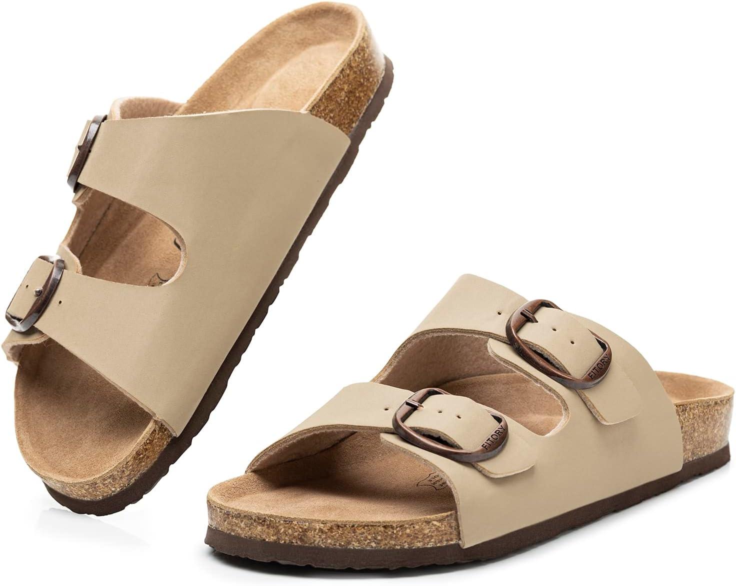 imageFITORY Womens Flat Sandals with Cork Footbed Open Toe Slides Adjustable Slip On Slippers for Summer Stone Size 8