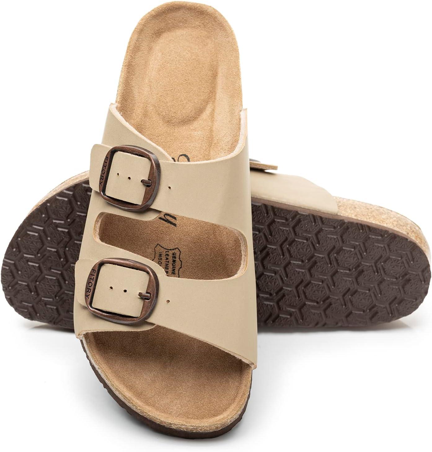 imageFITORY Womens Flat Sandals with Cork Footbed Open Toe Slides Adjustable Slip On Slippers for Summer Stone Size 8