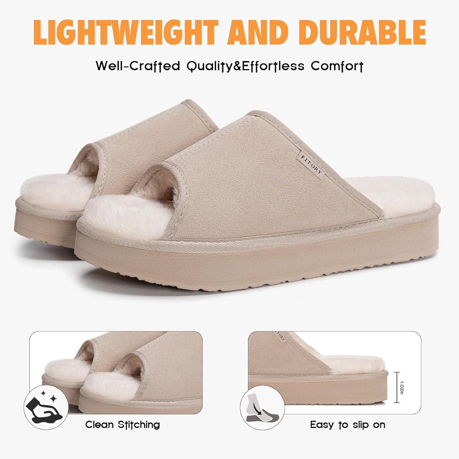 imageFITORY Womens Suede Slippers with Fuzzy Lined Open Toe Slide SandalsNonSlip IndoorOutdoor House ShoesBeige