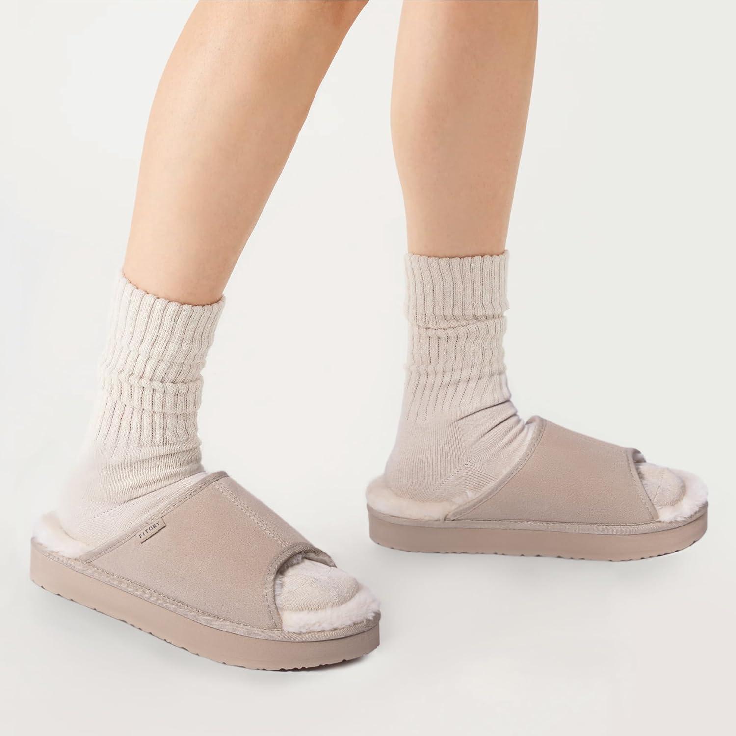imageFITORY Womens Suede Slippers with Fuzzy Lined Open Toe Slide SandalsNonSlip IndoorOutdoor House ShoesBeige