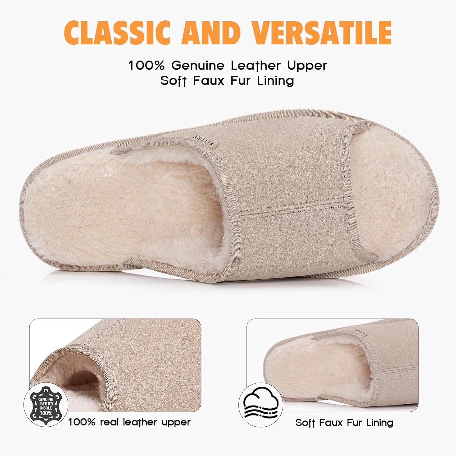 imageFITORY Womens Suede Slippers with Fuzzy Lined Open Toe Slide SandalsNonSlip IndoorOutdoor House ShoesBeige