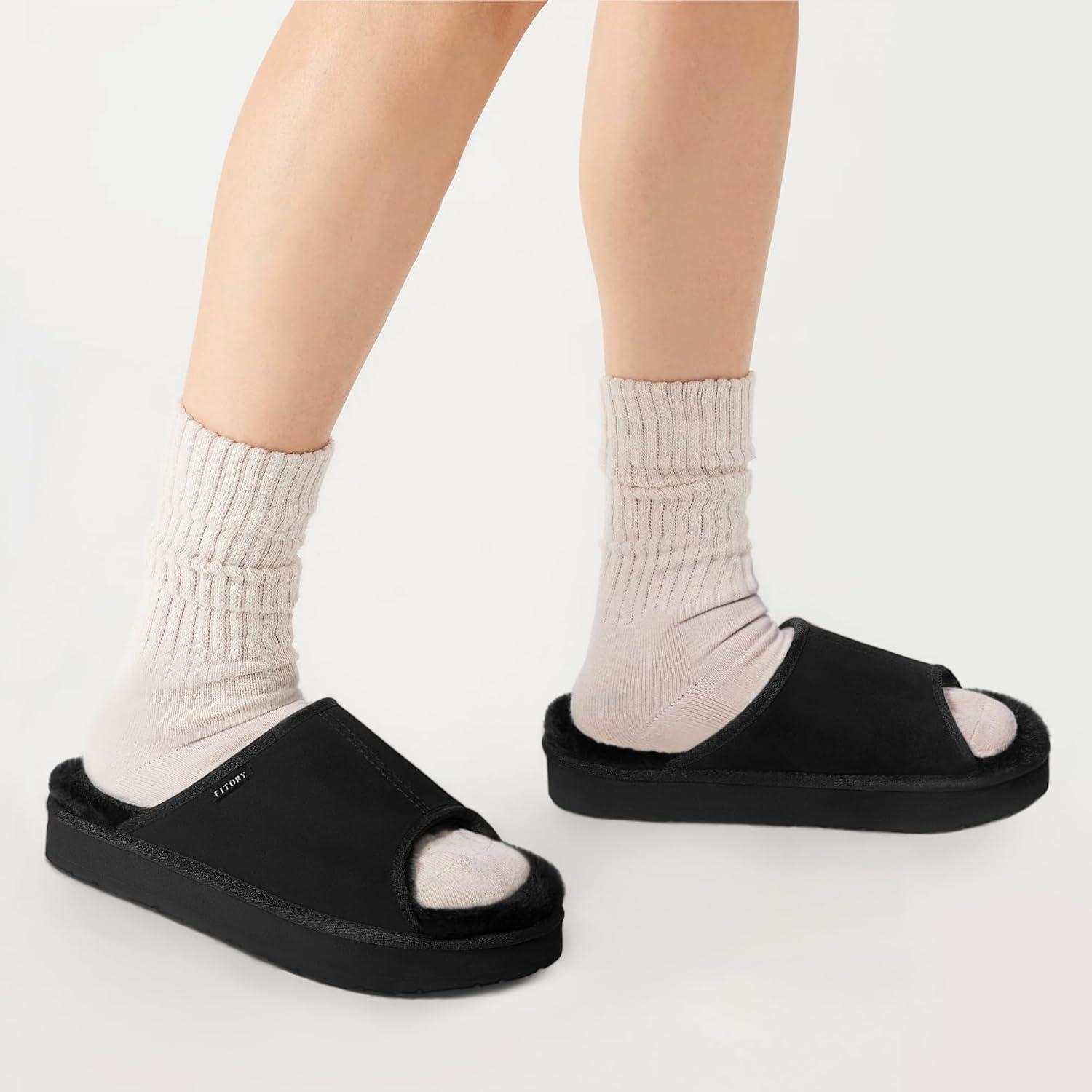 imageFITORY Womens Suede Slippers with Fuzzy Lined Open Toe Slide SandalsNonSlip IndoorOutdoor House ShoesBlack