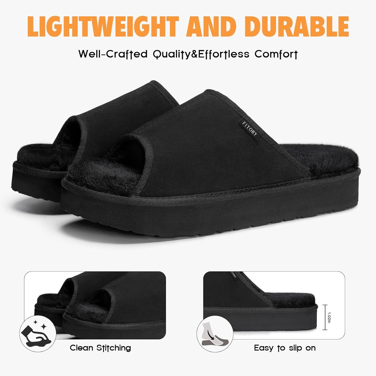 imageFITORY Womens Suede Slippers with Fuzzy Lined Open Toe Slide SandalsNonSlip IndoorOutdoor House ShoesBlack