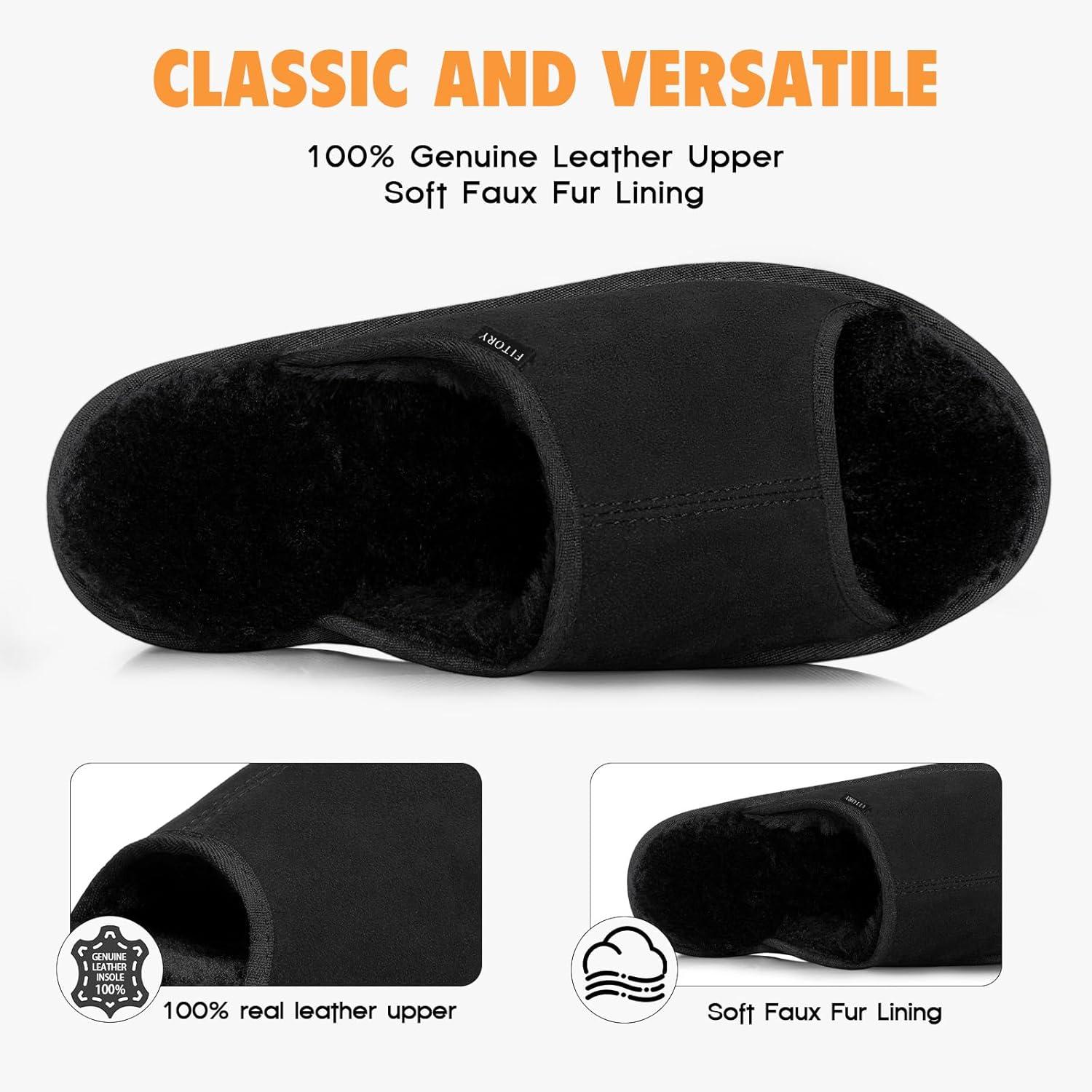 imageFITORY Womens Suede Slippers with Fuzzy Lined Open Toe Slide SandalsNonSlip IndoorOutdoor House ShoesBlack