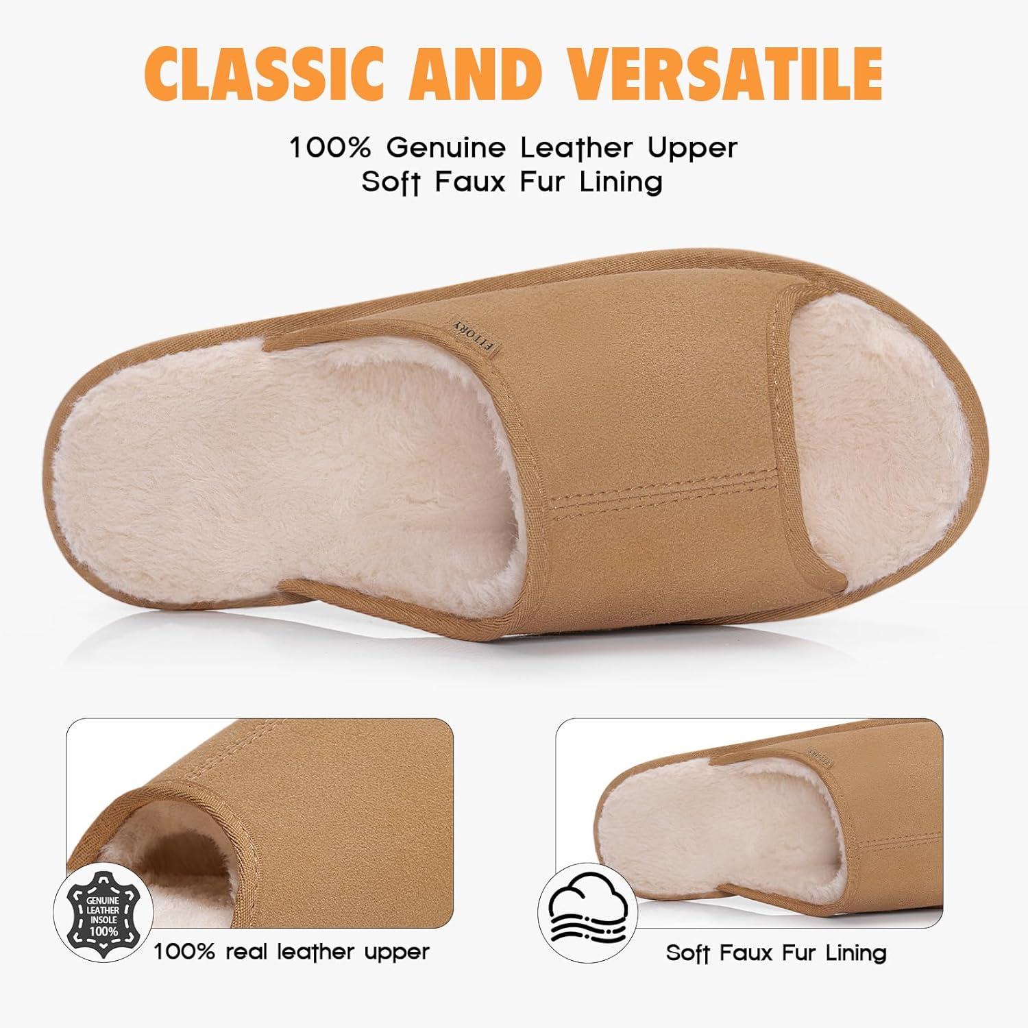 imageFITORY Womens Suede Slippers with Fuzzy Lined Open Toe Slide SandalsNonSlip IndoorOutdoor House ShoesBrown