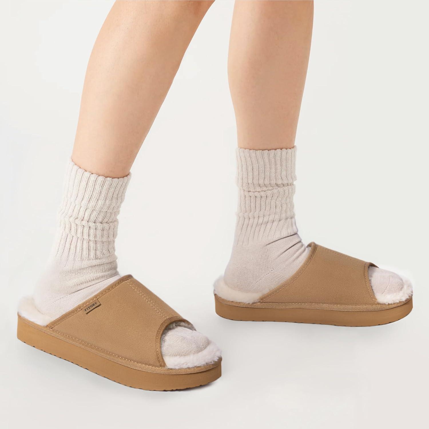 imageFITORY Womens Suede Slippers with Fuzzy Lined Open Toe Slide SandalsNonSlip IndoorOutdoor House ShoesBrown