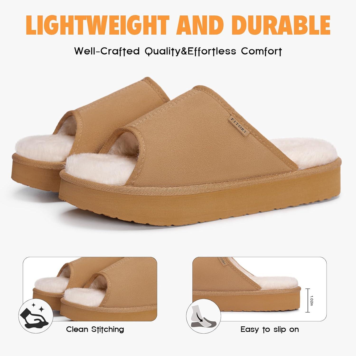 imageFITORY Womens Suede Slippers with Fuzzy Lined Open Toe Slide SandalsNonSlip IndoorOutdoor House ShoesBrown