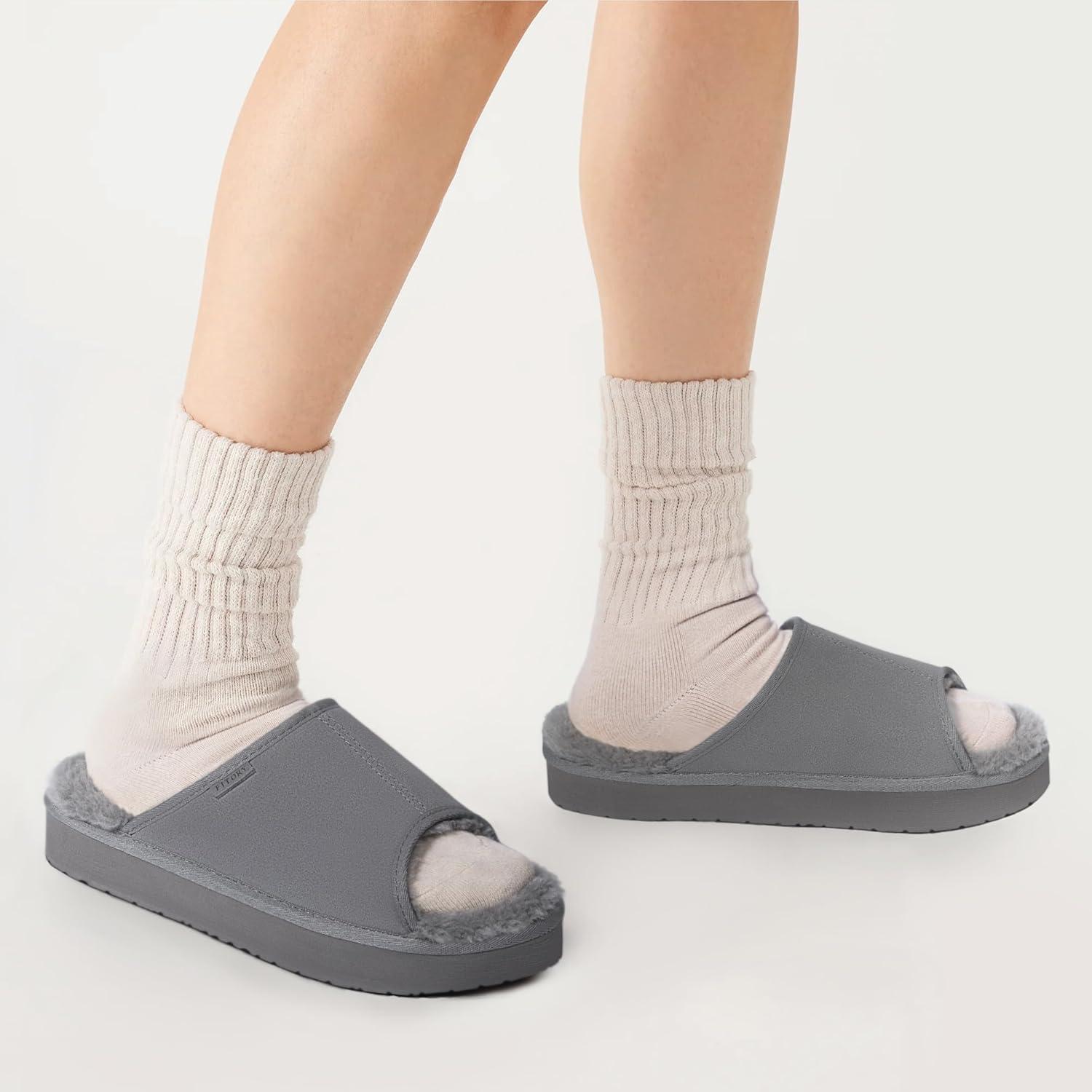 imageFITORY Womens Suede Slippers with Fuzzy Lined Open Toe Slide SandalsNonSlip IndoorOutdoor House ShoesDark Gray