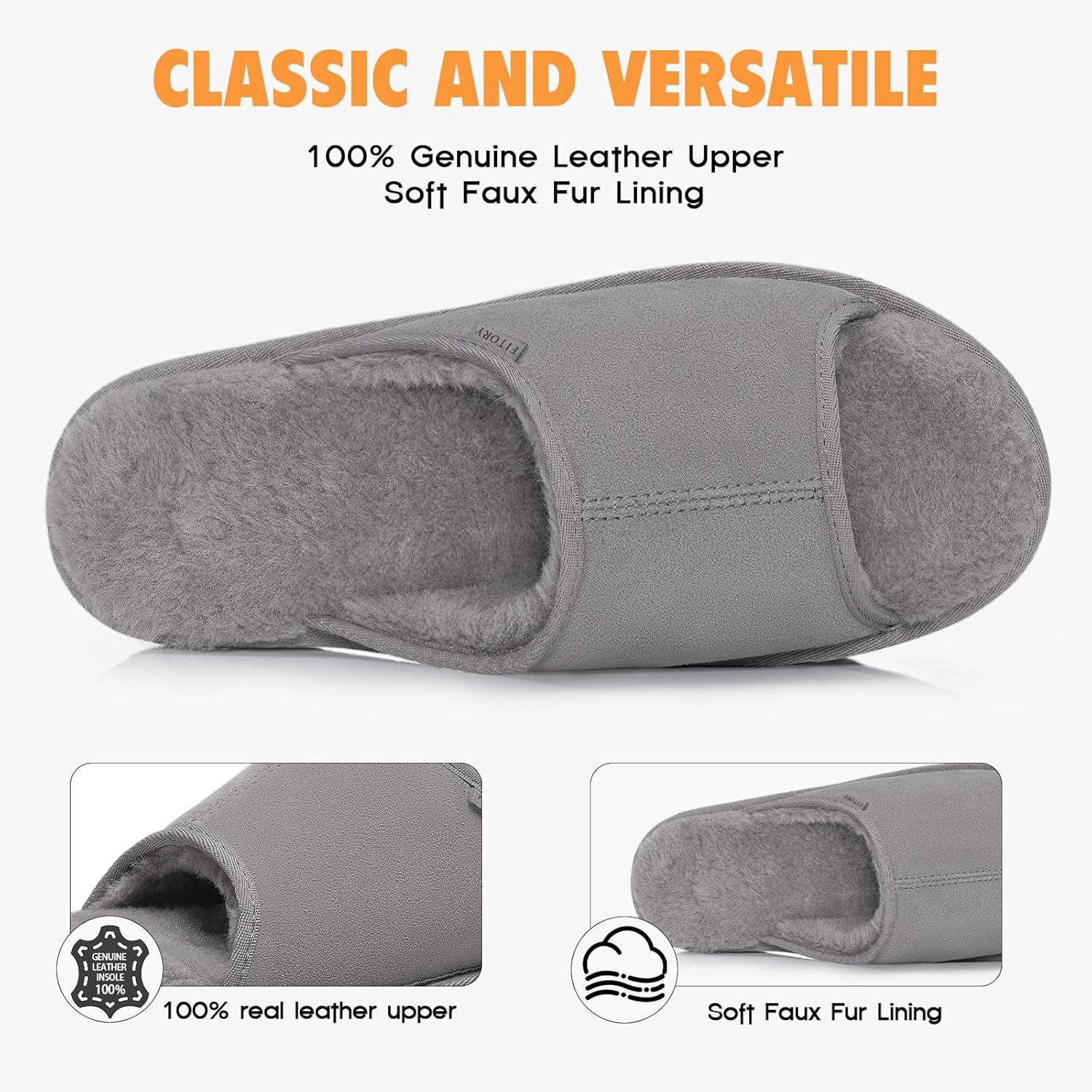 imageFITORY Womens Suede Slippers with Fuzzy Lined Open Toe Slide SandalsNonSlip IndoorOutdoor House ShoesDark Gray