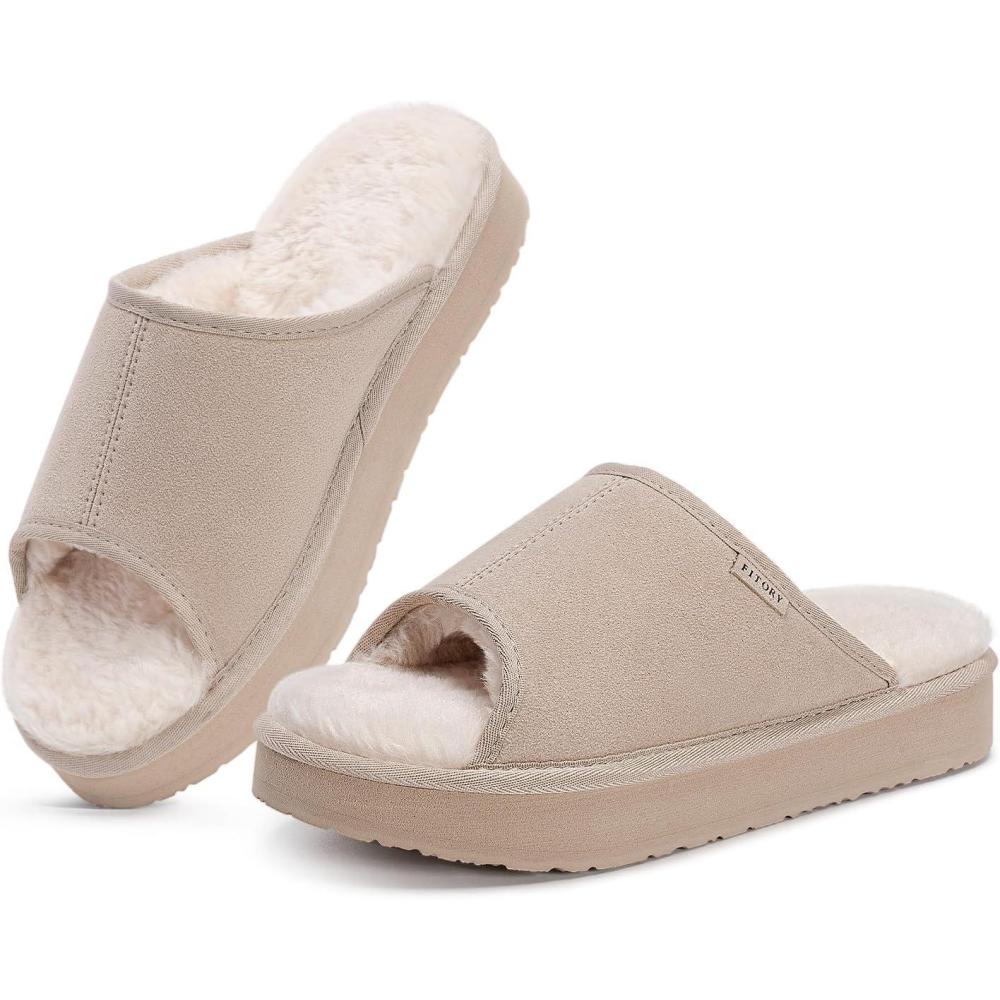imageFITORY Womens Suede Slippers with Fuzzy Lined Open Toe Slide SandalsNonSlip IndoorOutdoor House ShoesBeige