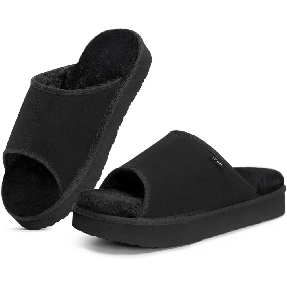 imageFITORY Womens Suede Slippers with Fuzzy Lined Open Toe Slide SandalsNonSlip IndoorOutdoor House ShoesBlack