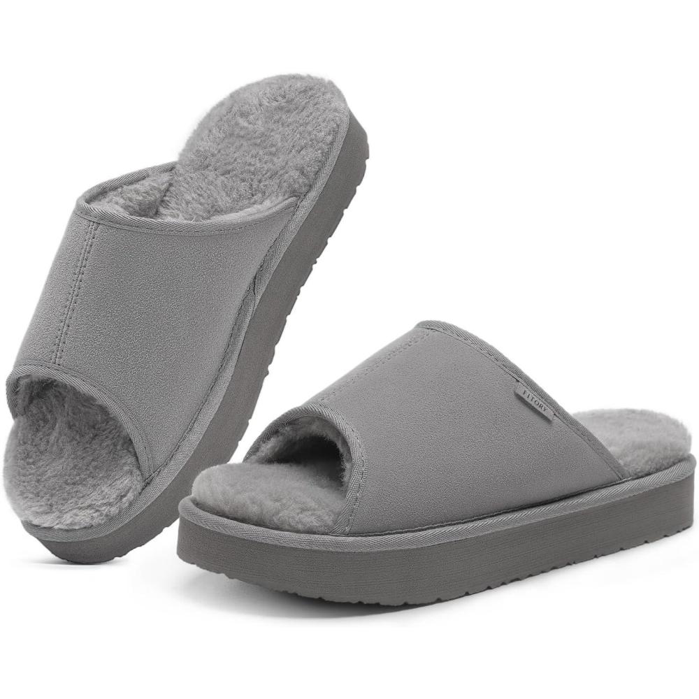 imageFITORY Womens Suede Slippers with Fuzzy Lined Open Toe Slide SandalsNonSlip IndoorOutdoor House ShoesDark Gray