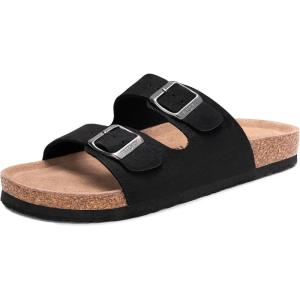FITORY Womens Flat Sandals with Cork Footbed, Open Toe Slides Adjustable Slip On Slippers for Summer Size 6-11(Black Suede)
