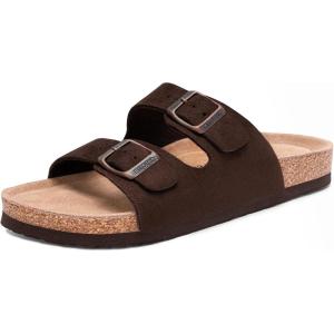 FITORY Womens Flat Sandals with Cork Footbed, Open Toe Slides Adjustable Slip On Slippers for Summer Size 6-11(Brown Suede)