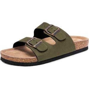 FITORY Womens Flat Sandals with Cork Footbed, Open Toe Slides Adjustable Slip On Slippers for Summer Size 6-11(Green Suede)