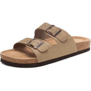 FITORY Womens Flat Sandals with Cork Footbed, Open Toe Slides Adjustable Slip On Slippers for Summer Size 6-11(Taupe Suede)
