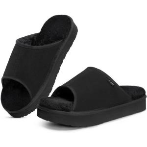 FITORY Women’s Suede Slippers with Fuzzy Lined Open Toe Slide Sandals-Non-Slip Indoor/Outdoor House Shoes(Black)