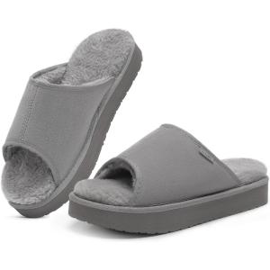 FITORY Women’s Suede Slippers with Fuzzy Lined Open Toe Slide Sandals-Non-Slip Indoor/Outdoor House Shoes(Dark Gray)