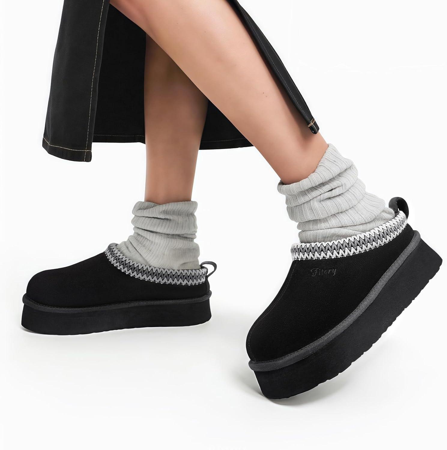 imageFITORY Womens Suede Slipper Flat Short Mini Boots with Fur Fleece Winter Casual Comfort ShoesPitch Black