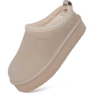 FITORY Women’s Suede Slipper | Flat Short Mini Boots with Fur Fleece | Winter Casual Comfort Shoes(Sand Beige)
