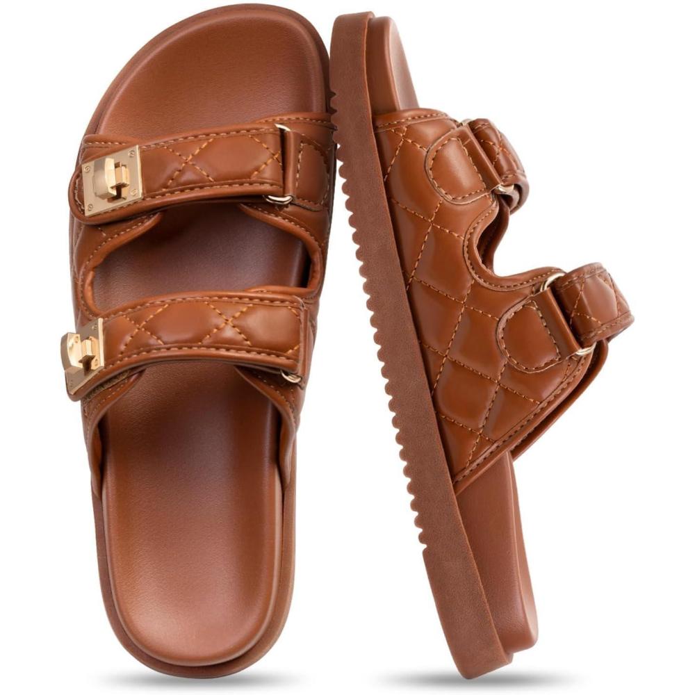 imageFITORY Womens Flat Sandals Classic Adjustable Double Strap Slip On Casual Summer Slide Size 10 Brown