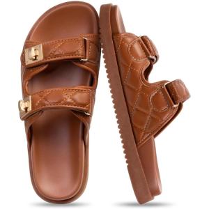FITORY Women’s Flat Sandals Classic Adjustable Double Strap Slip On Casual Summer Slide Size 10 Brown