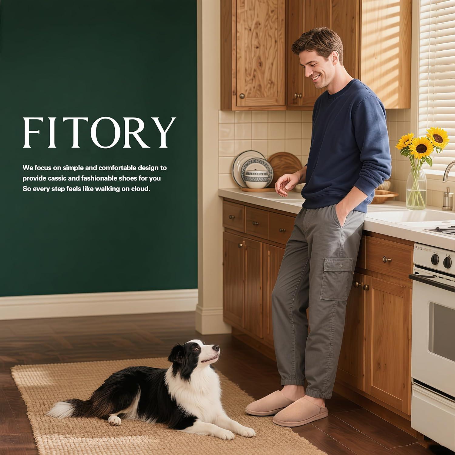 imageFITORY Mens Suede House Slippers Slip on Warm Cozy Home Shoes with Soft Plush Lining for Winter Indoor and Outdoor Size 714Tan