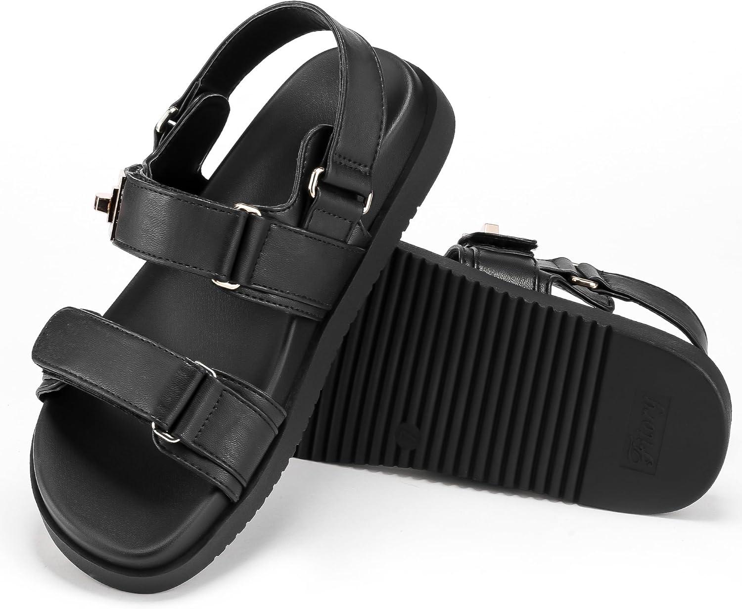imageFITORY Womens Flat Sandals Classic Adjustable Double Strap with Cushioned Footbed for Summer Size 8 Black