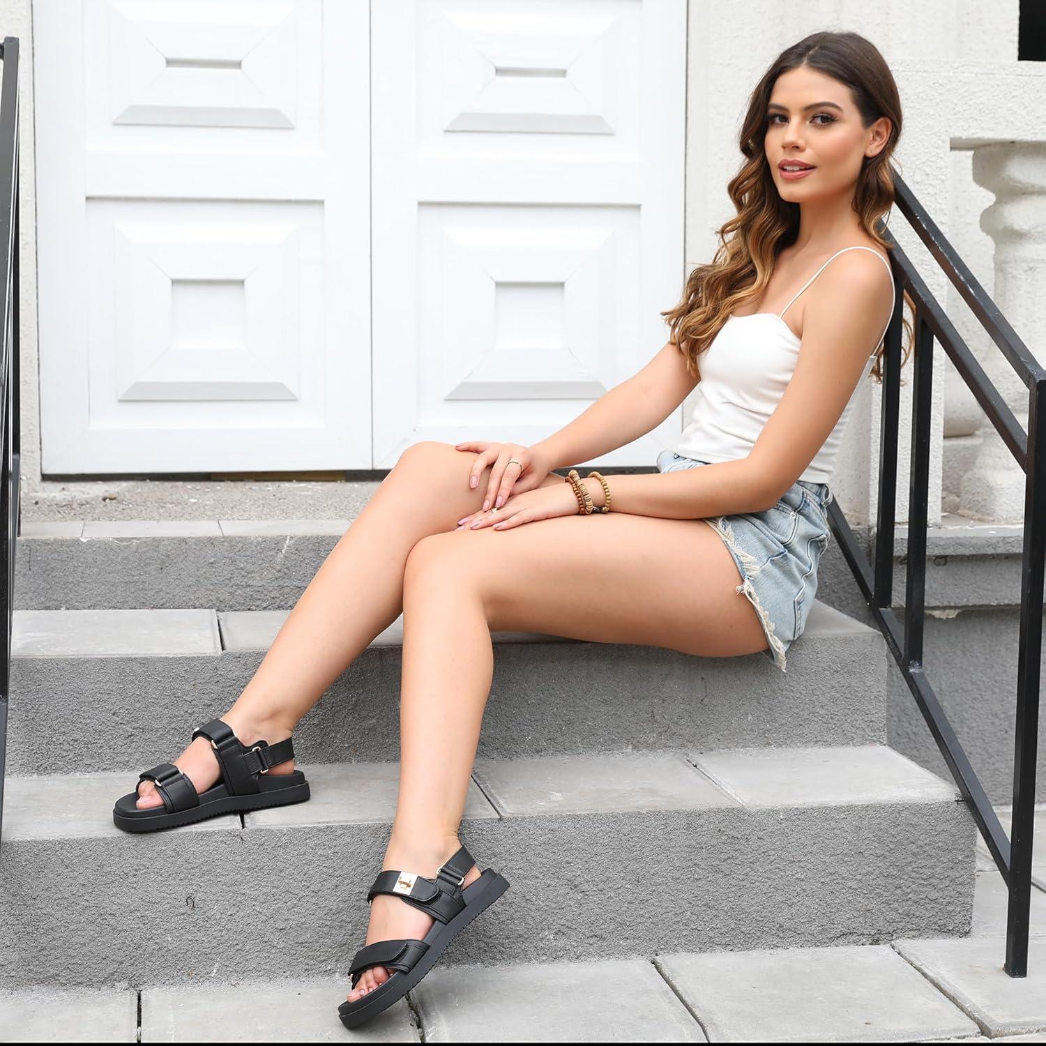 imageFITORY Womens Flat Sandals Classic Adjustable Double Strap with Cushioned Footbed for Summer Size 8 Black