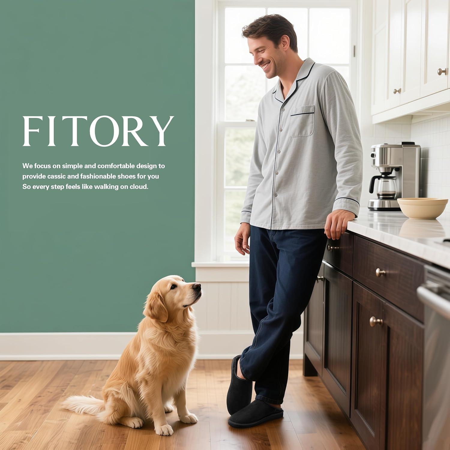 imageFITORY Mens Winter Genuine Leather Slippers Comfy Memory Foam Suede Shoes with Warm FleeceLined for Indoor and Outdoor Size 714Slip Onblack