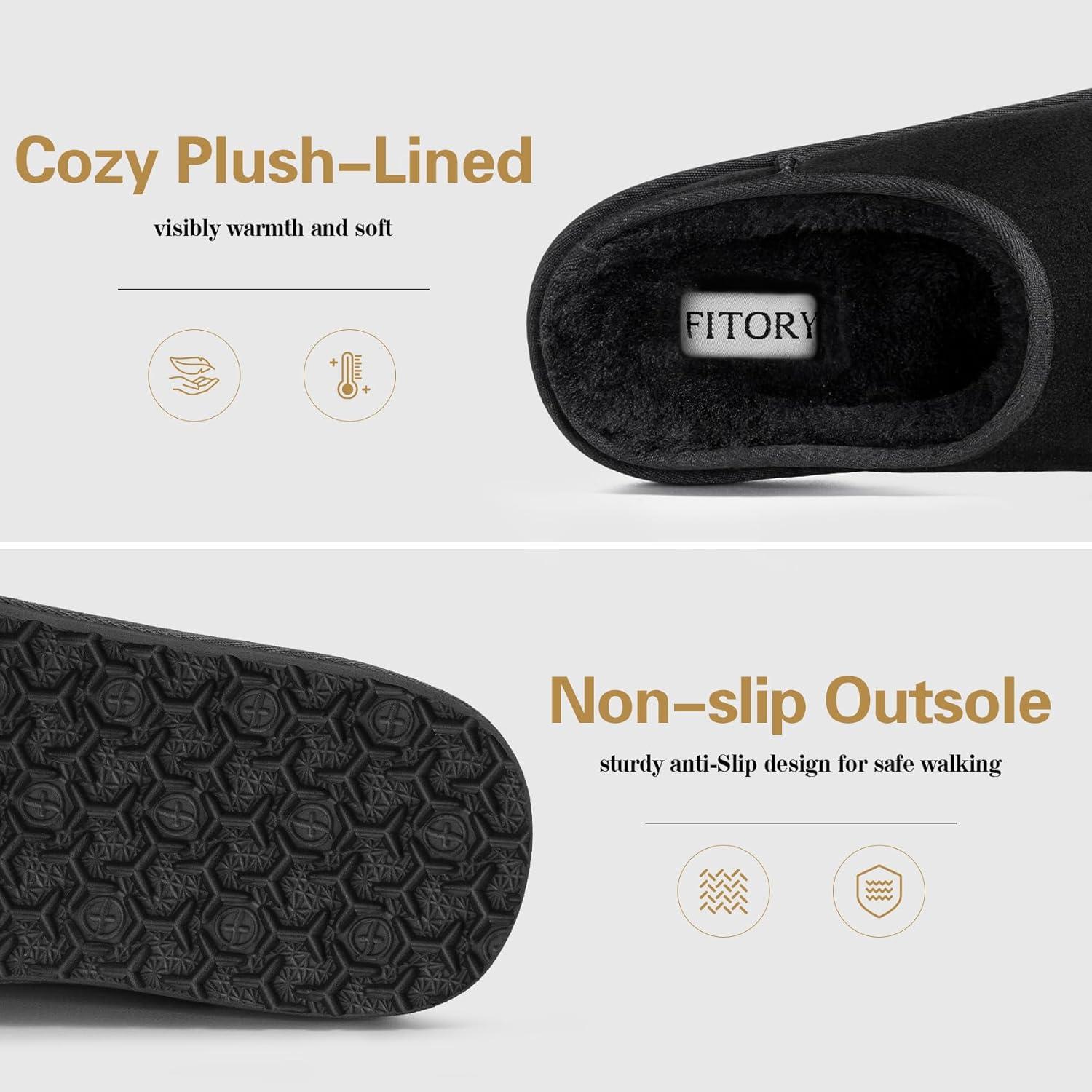 imageFITORY Mens Winter Genuine Leather Slippers Comfy Memory Foam Suede Shoes with Warm FleeceLined for Indoor and Outdoor Size 714Slip Onblack