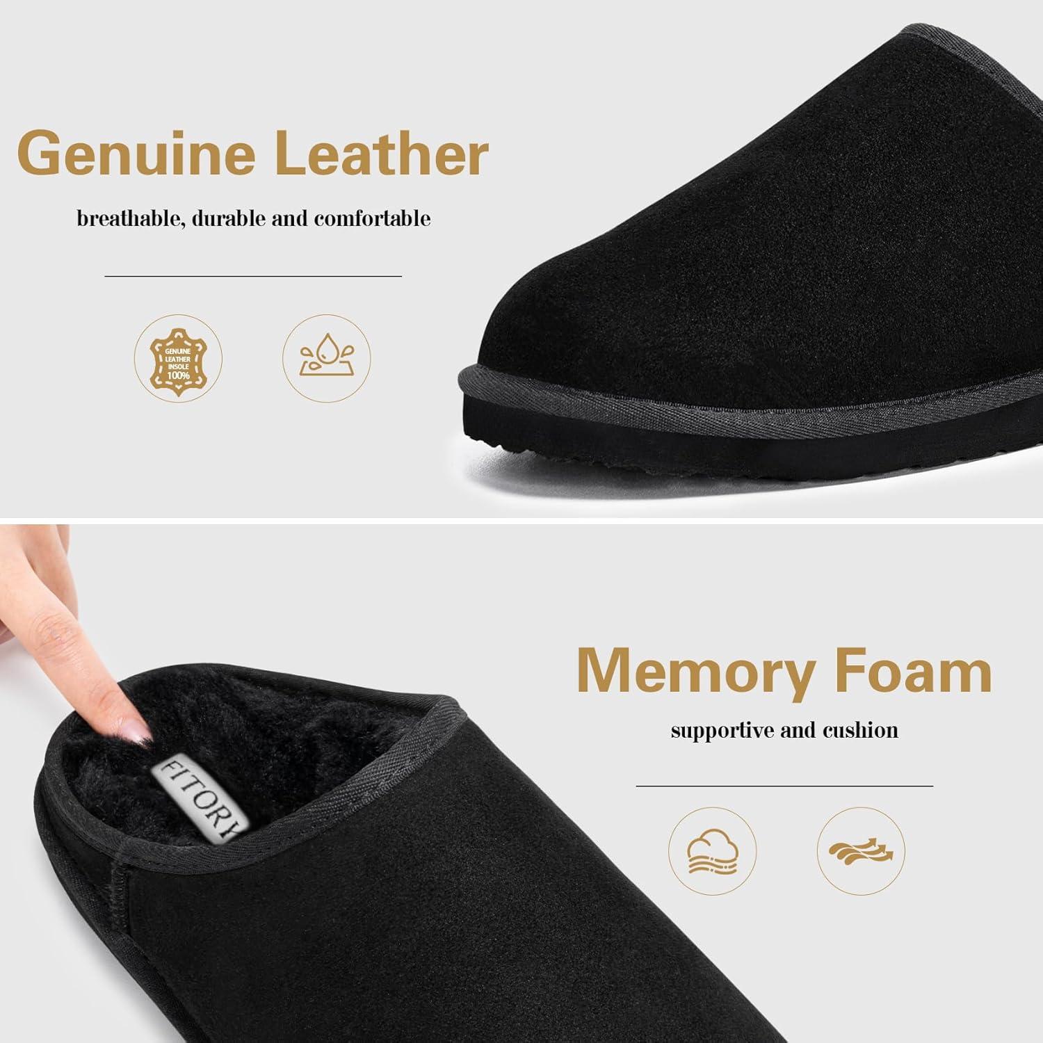 imageFITORY Mens Winter Genuine Leather Slippers Comfy Memory Foam Suede Shoes with Warm FleeceLined for Indoor and Outdoor Size 714Slip Onblack
