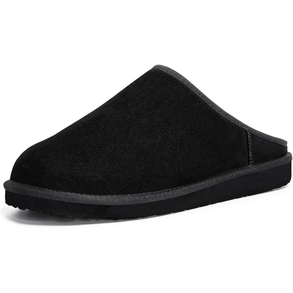 imageFITORY Mens Winter Genuine Leather Slippers Comfy Memory Foam Suede Shoes with Warm FleeceLined for Indoor and Outdoor Size 714Slip Onblack