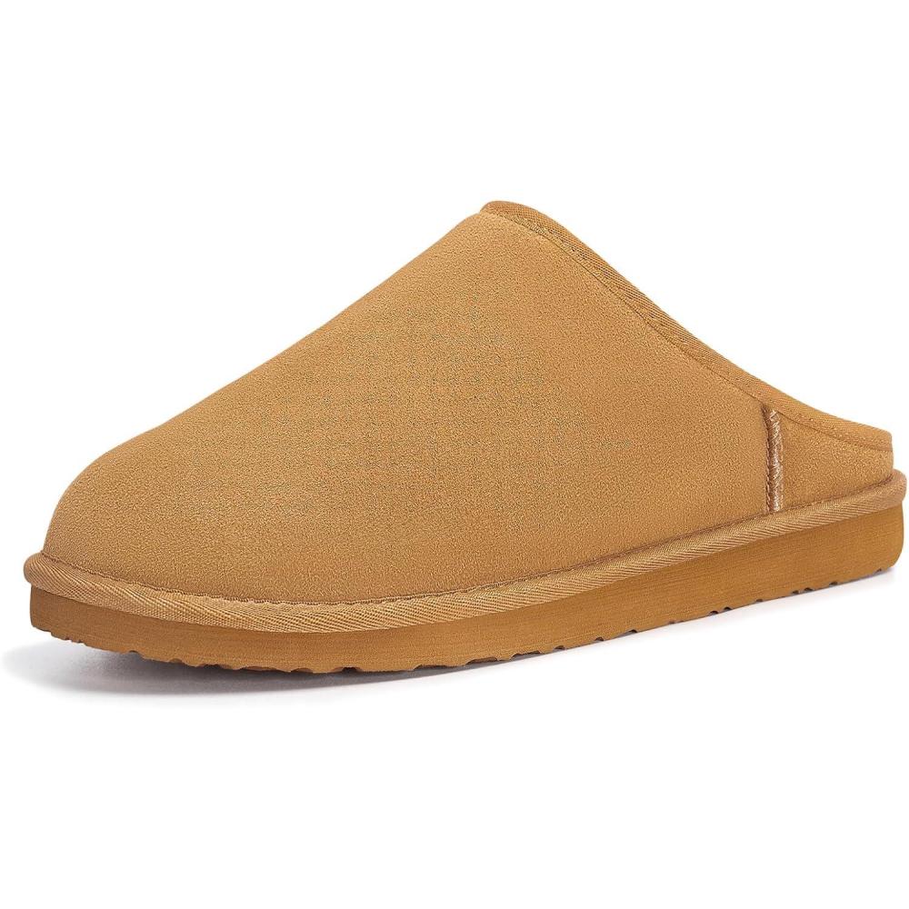 imageFITORY Mens Winter Genuine Leather Slippers Comfy Memory Foam Suede Shoes with Warm FleeceLined for Indoor and Outdoor Size 714Slip Onchestnut