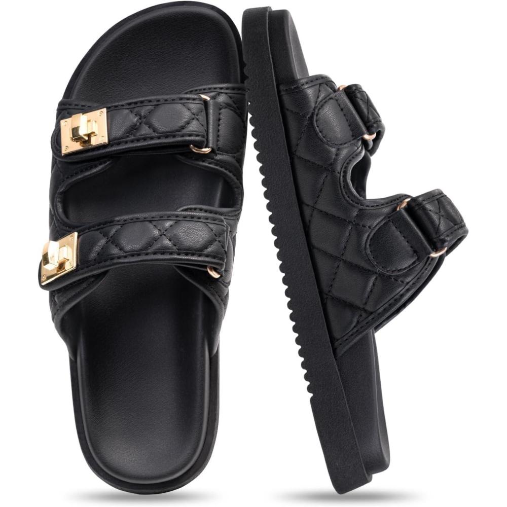 imageFITORY Womens Flat Sandals Classic Adjustable Double Strap Slip On Casual Summer Slide Size 611Black2105