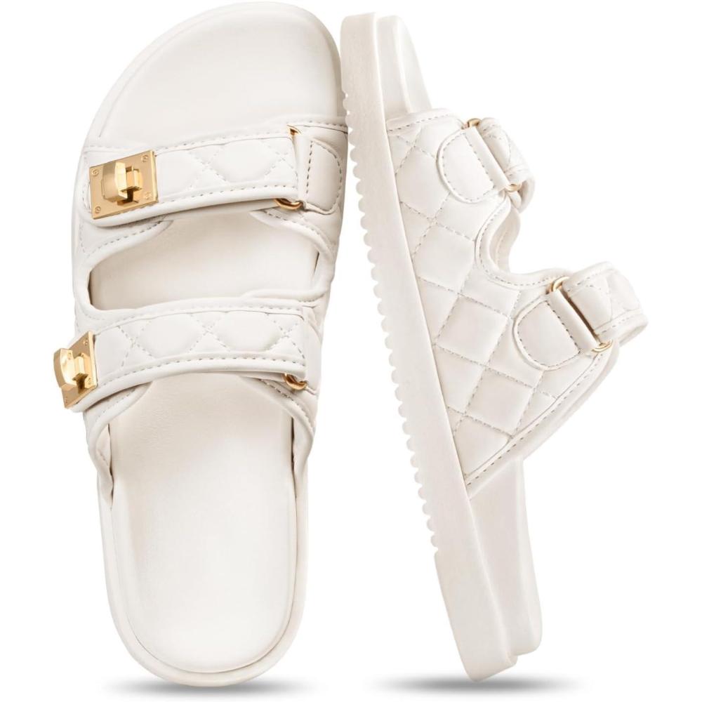 imageFITORY Womens Flat Sandals Classic Adjustable Double Strap Slip On Casual Summer Slide Size 611White2105
