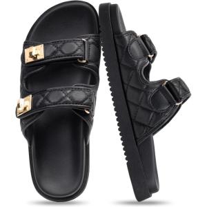 FITORY Women’s Flat Sandals Classic Adjustable Double Strap Slip On Casual Summer Slide Size 6-11(Black-2105)