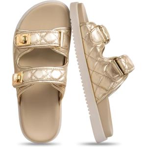 FITORY Women’s Flat Sandals Classic Adjustable Double Strap Slip On Casual Summer Slide Size 6-11(Gold-2105)
